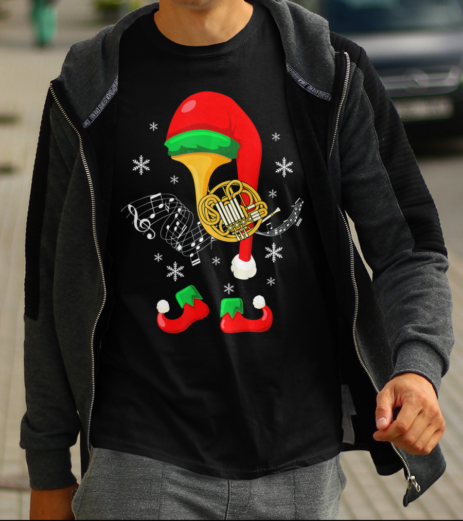 Elf French Horn Music With Christmas Hat And Shoes T-Shirt