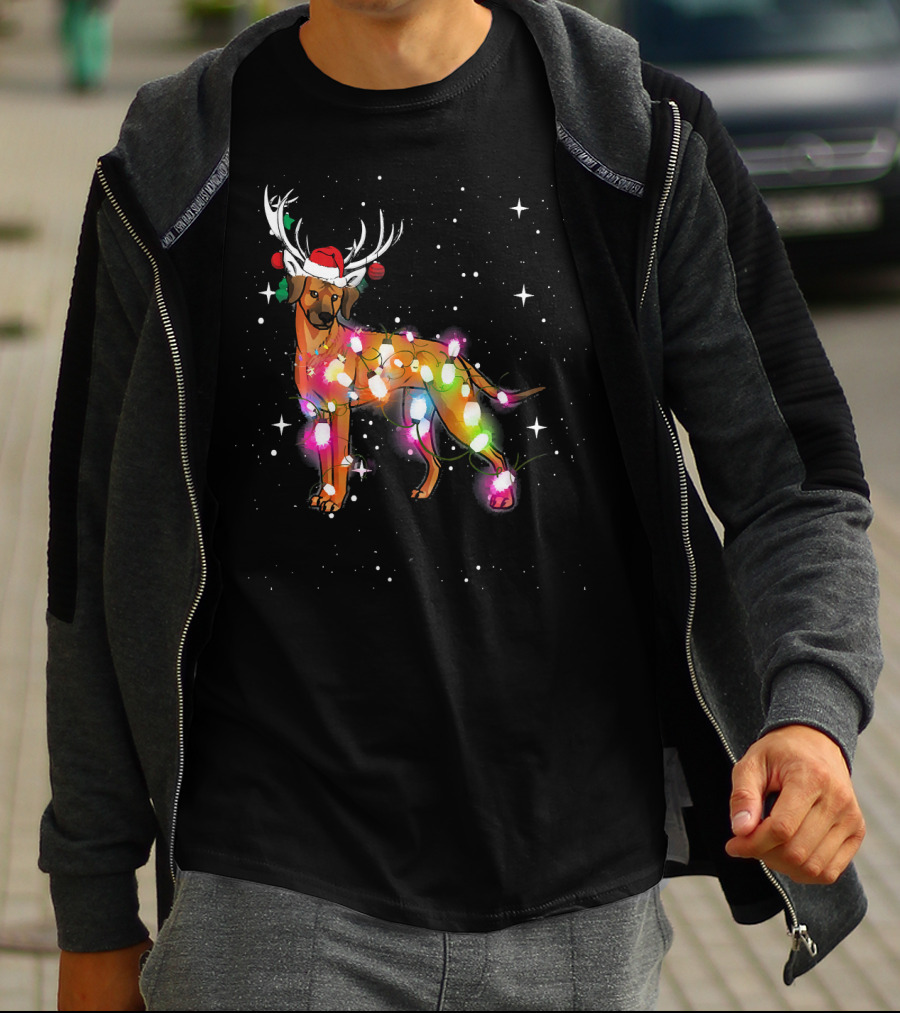 Christmas Lights Rhodesian Ridgeback Dog With Antlers Santa Hat T-Shirt