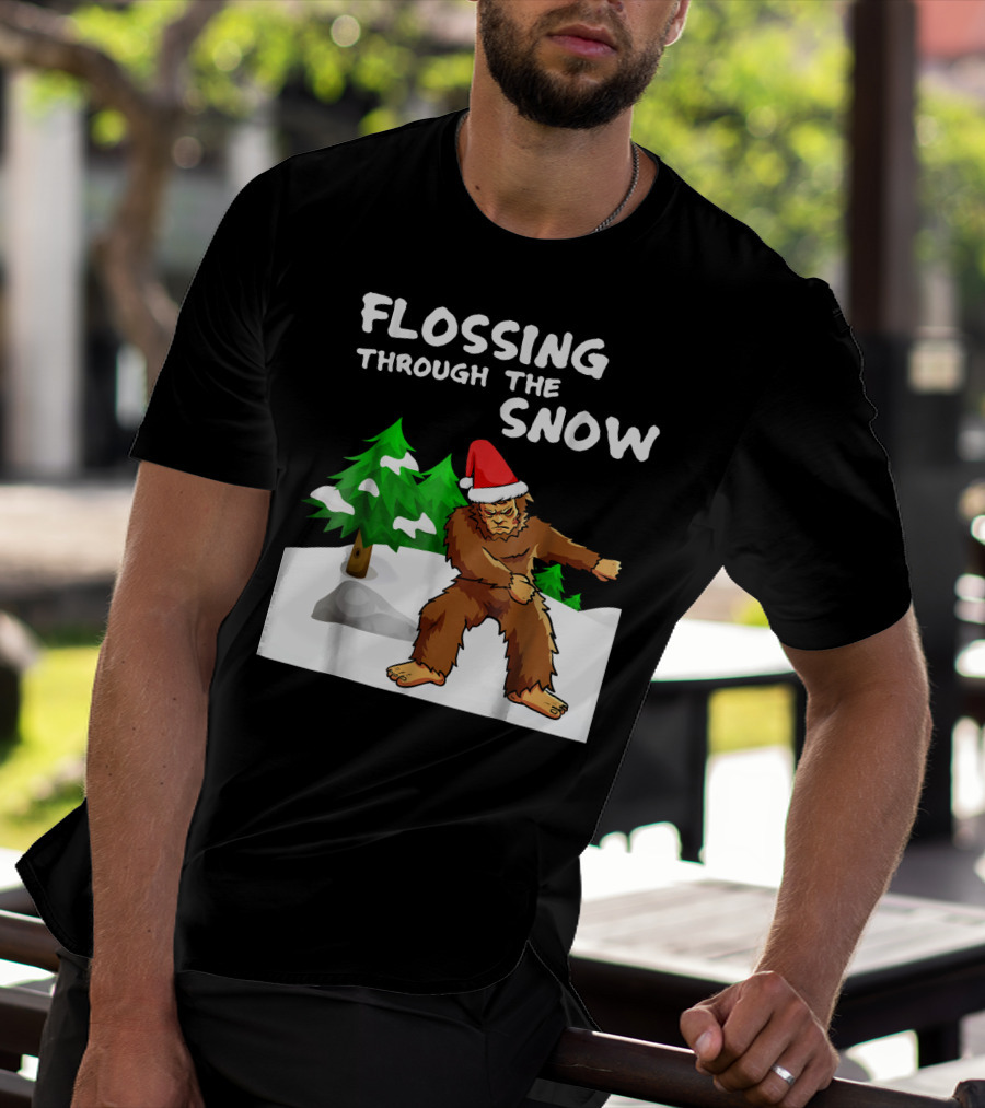 Flossing Through The Snow Bigfoot Santa Hat Winter Scene T-Shirt