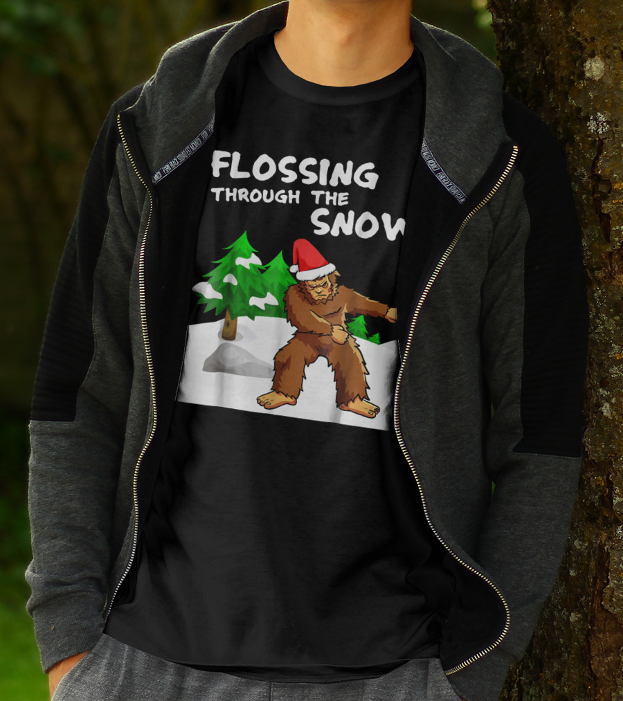 Flossing Through The Snow Bigfoot Santa Hat Winter Scene T-Shirt