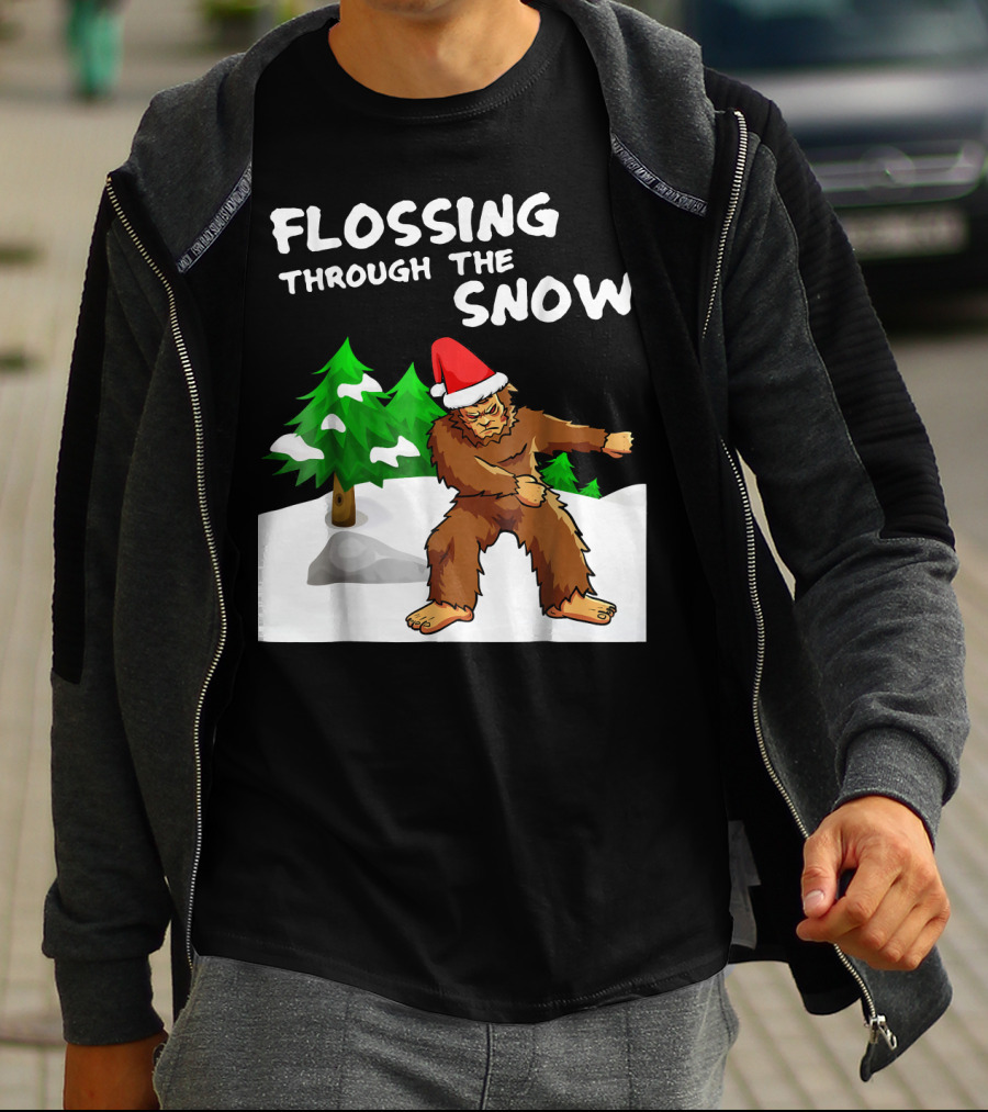Flossing Through The Snow Bigfoot Santa Hat Winter Scene T-Shirt