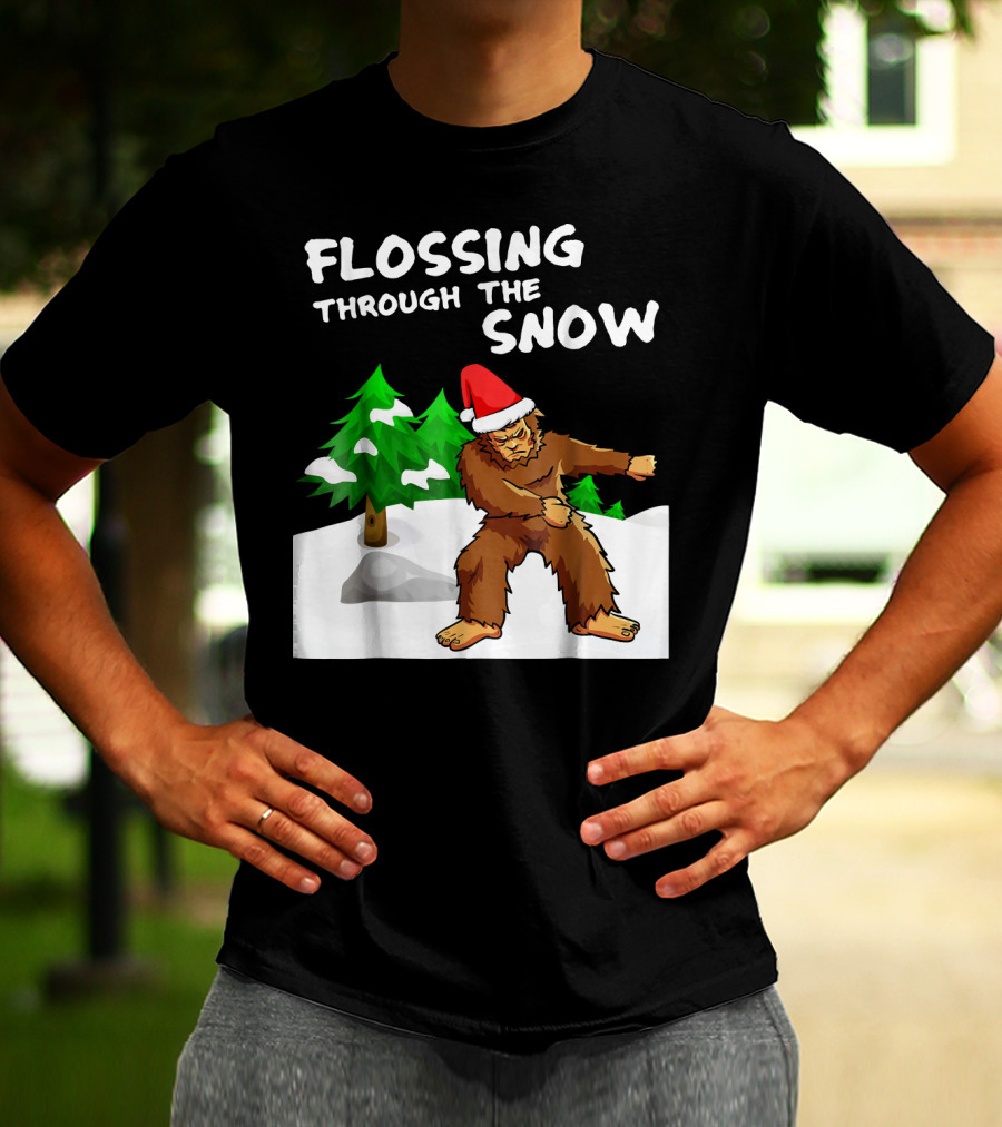 Flossing Through The Snow Bigfoot Santa Hat Winter Scene T-Shirt