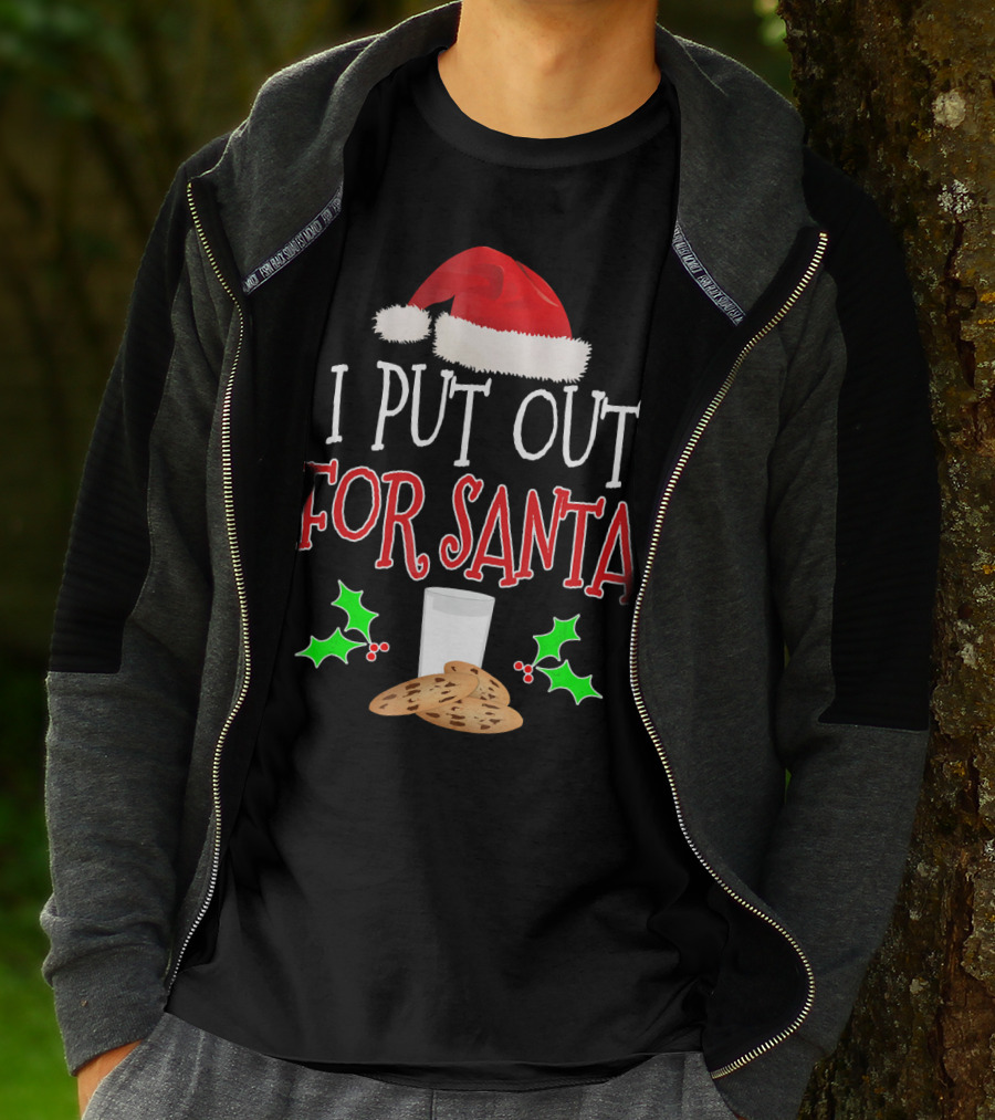 I Put Out For Santa Milk Cookies Holly Santa Hat T-Shirt
