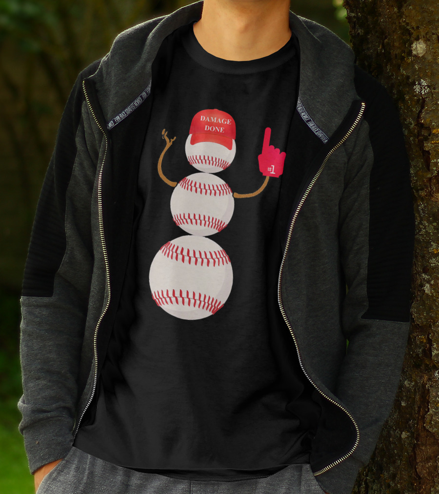 Damage Done Baseball Snowman With Red Cap And Foam Finger T-Shirt