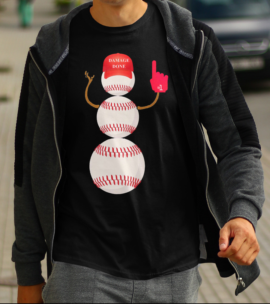 Damage Done Baseball Snowman With Red Cap And Foam Finger T-Shirt