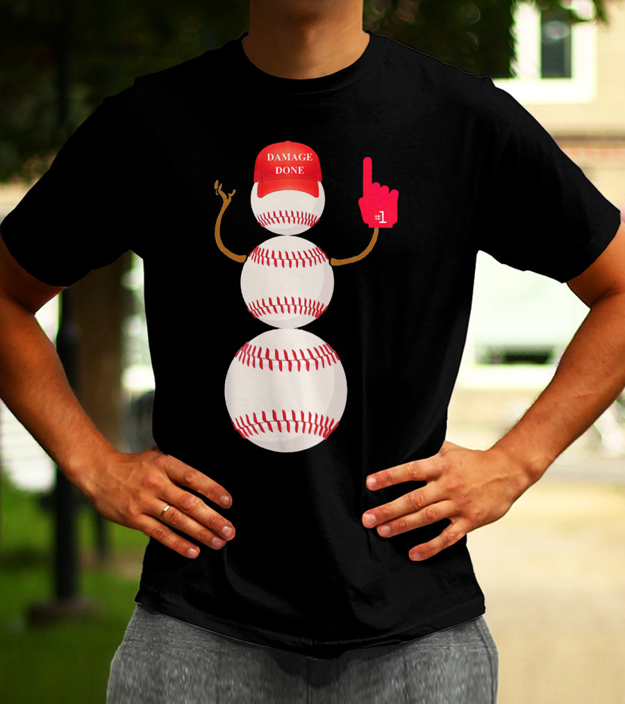 Damage Done Baseball Snowman With Red Cap And Foam Finger T-Shirt