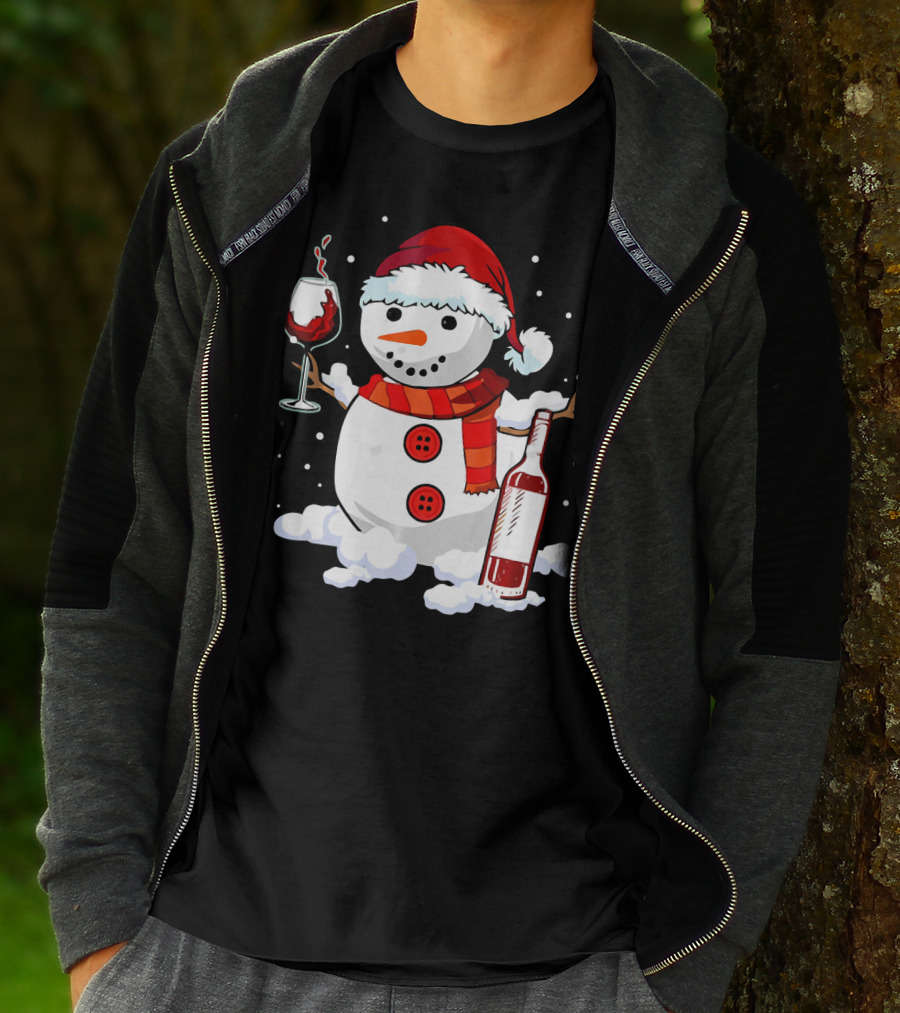Snowman With Santa Hat And Scarf Holding Wine Glass And Bottle Christmas Drinking T-Shirt