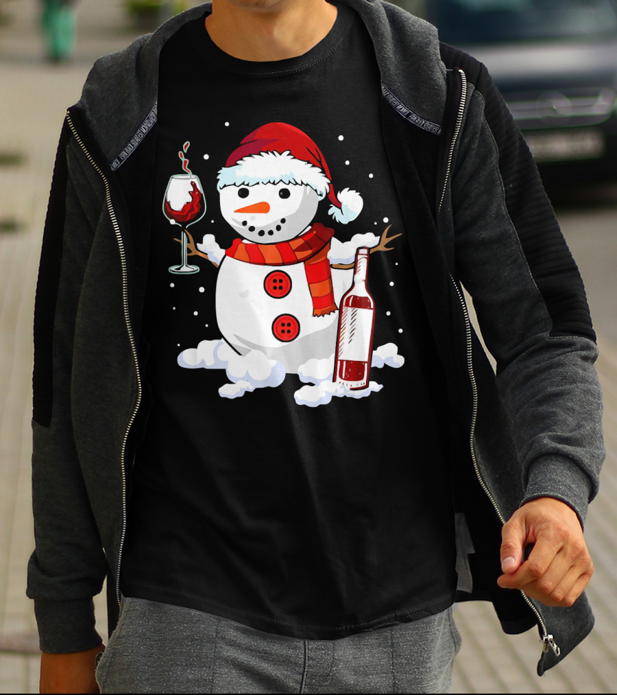 Snowman With Santa Hat And Scarf Holding Wine Glass And Bottle Christmas Drinking T-Shirt