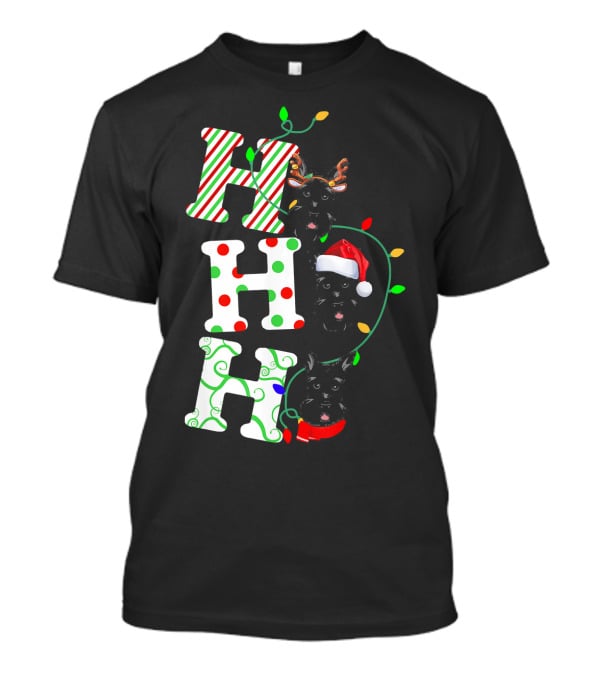 Scottish Terrier Ho Ho Ho Christmas Lights Santa Hat And Antlers T-Shirt