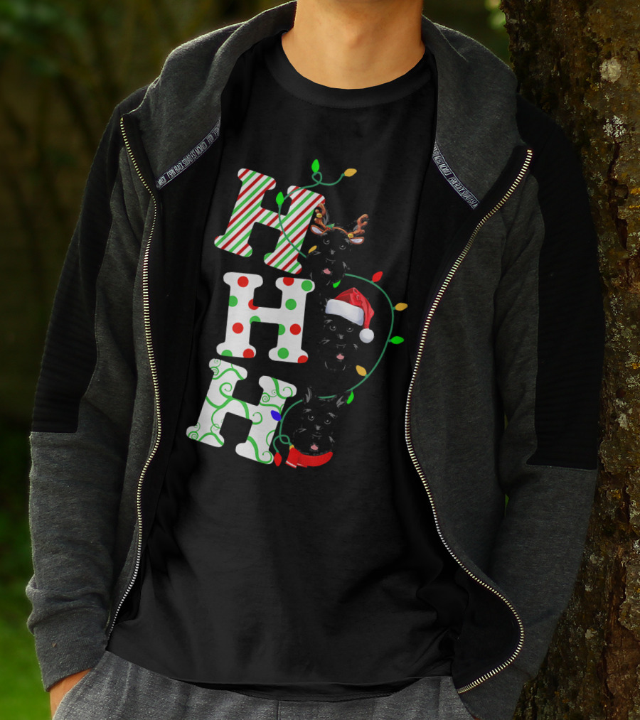 Scottish Terrier Ho Ho Ho Christmas Lights Santa Hat And Antlers T-Shirt