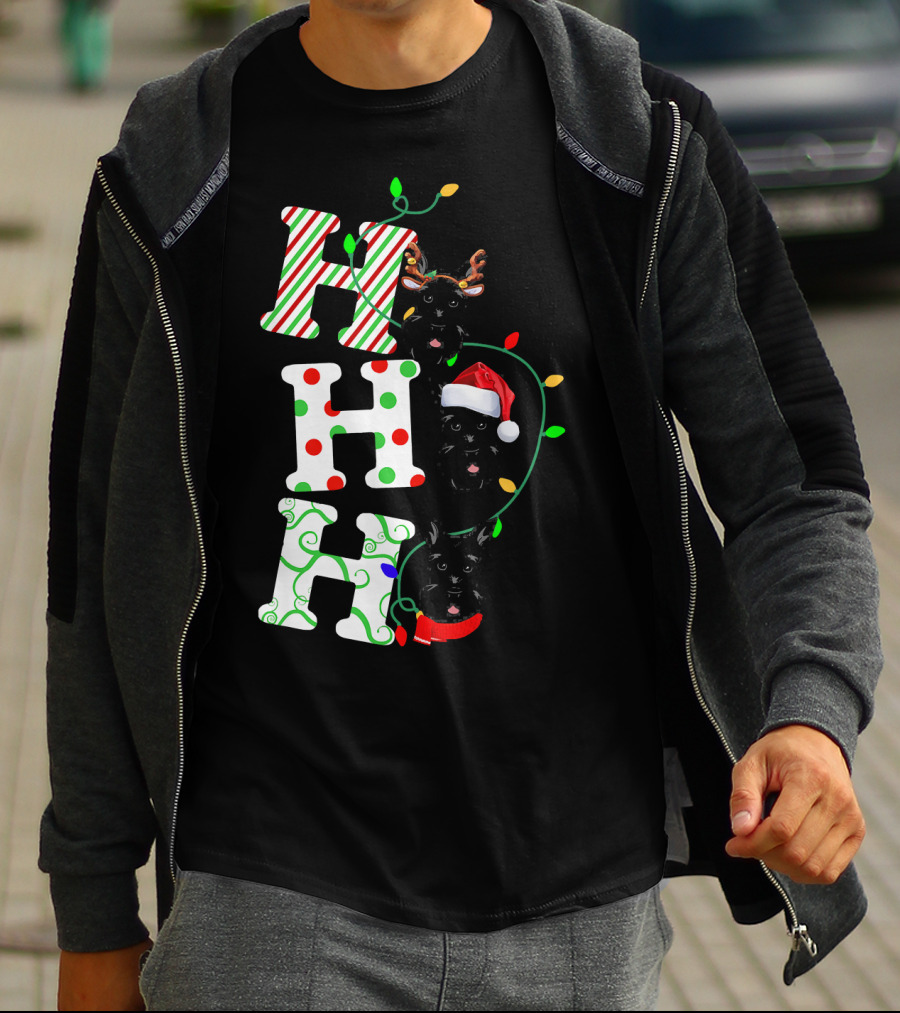 Scottish Terrier Ho Ho Ho Christmas Lights Santa Hat And Antlers T-Shirt