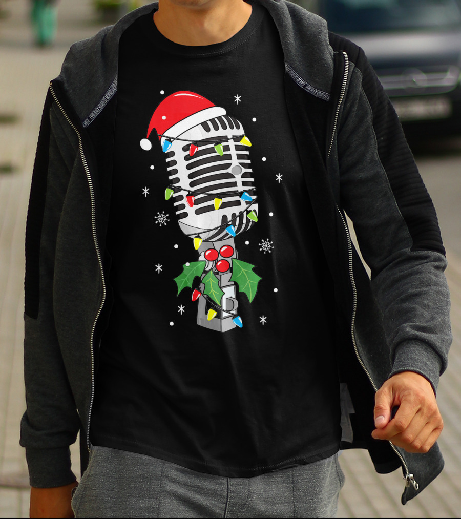 Retro Microphone With Santa Hat And Holiday Lights T-Shirt
