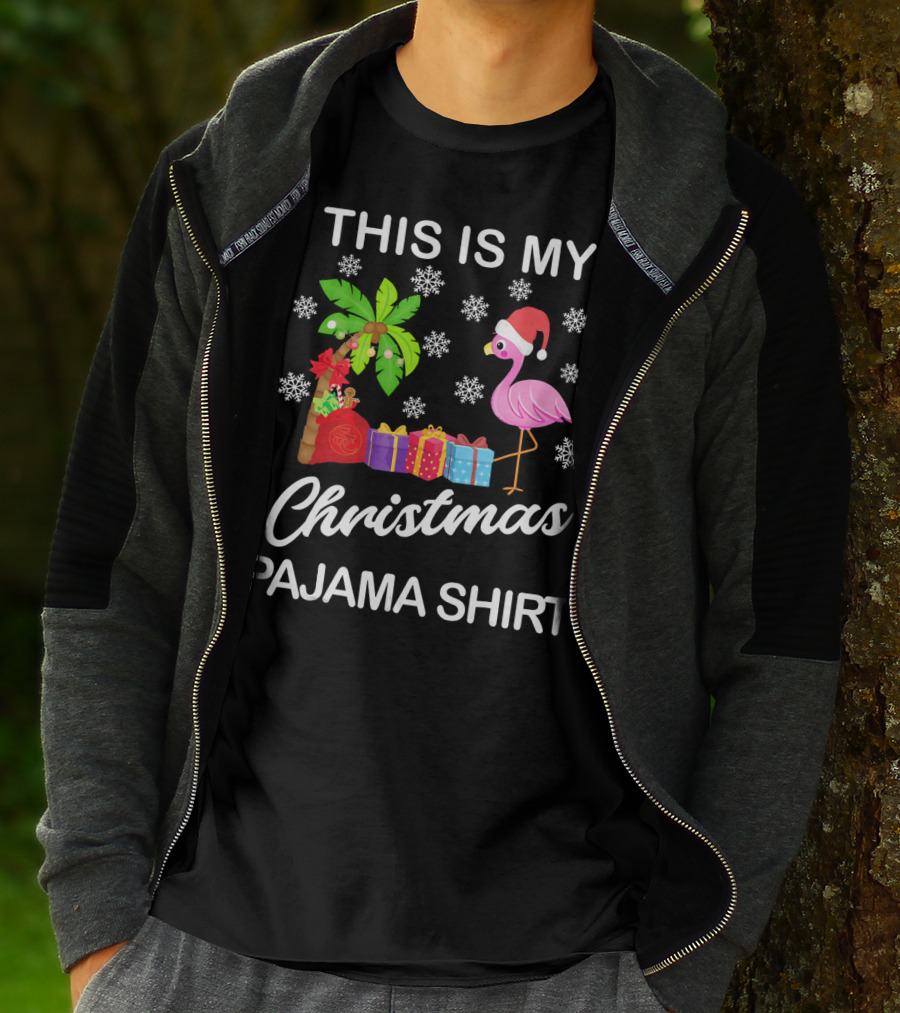 THIS IS MY CHRISTMAS PAJAMA SHIRT FLAMINGO PALM TREE SNOWFLAKES PRESENTS SANTA HAT T-Shirt
