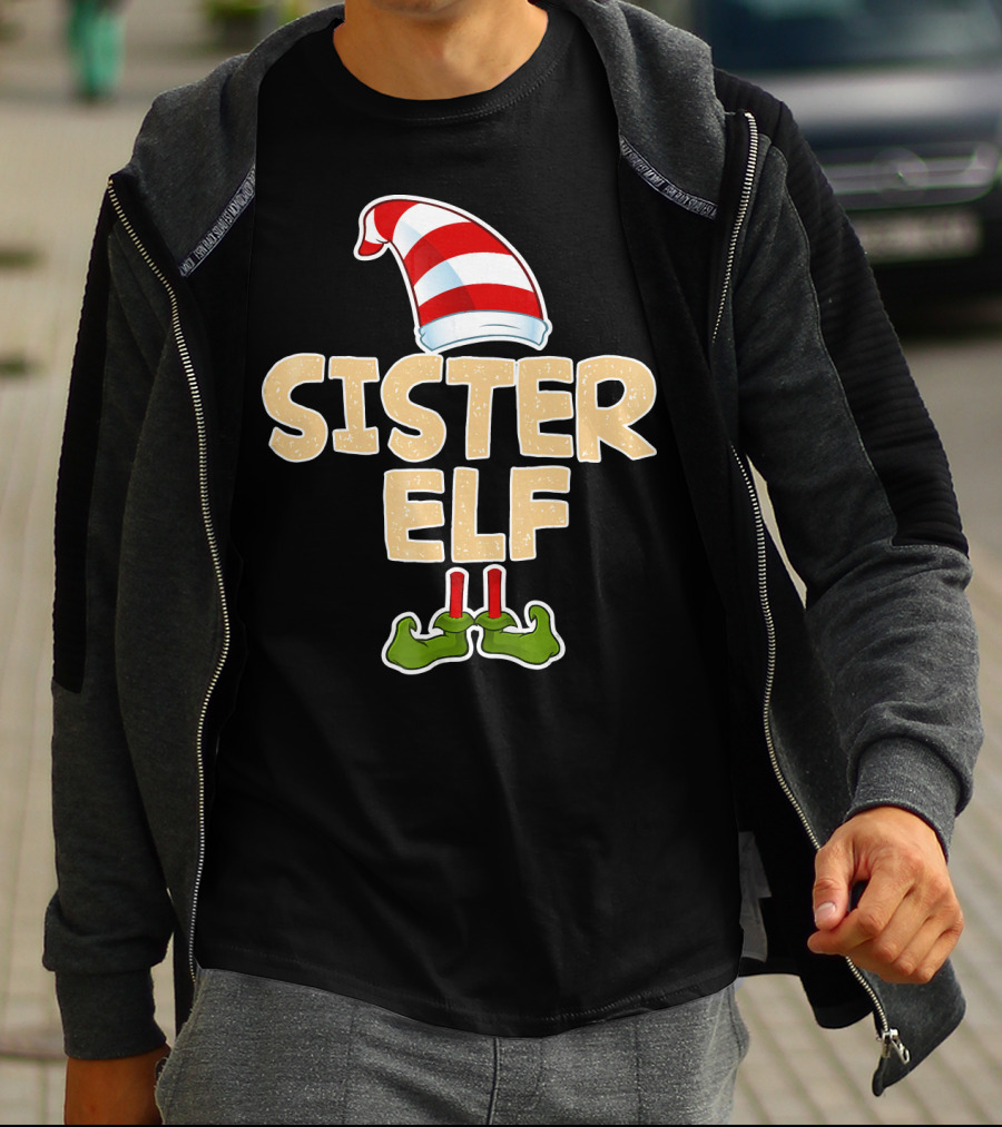 Sister Elf Merry Funny Christmas Hat And Shoes T-Shirt