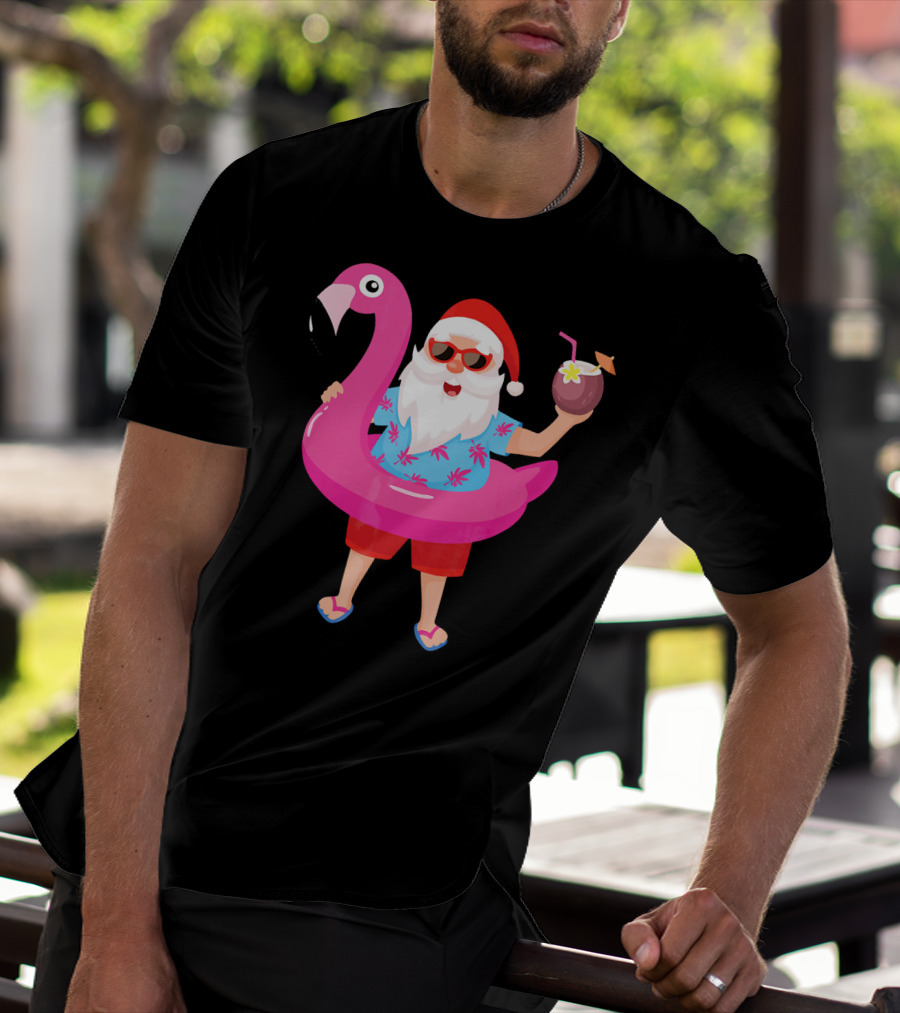 Funny Santa Claus With Flamingo And Tropical Drink T-Shirt