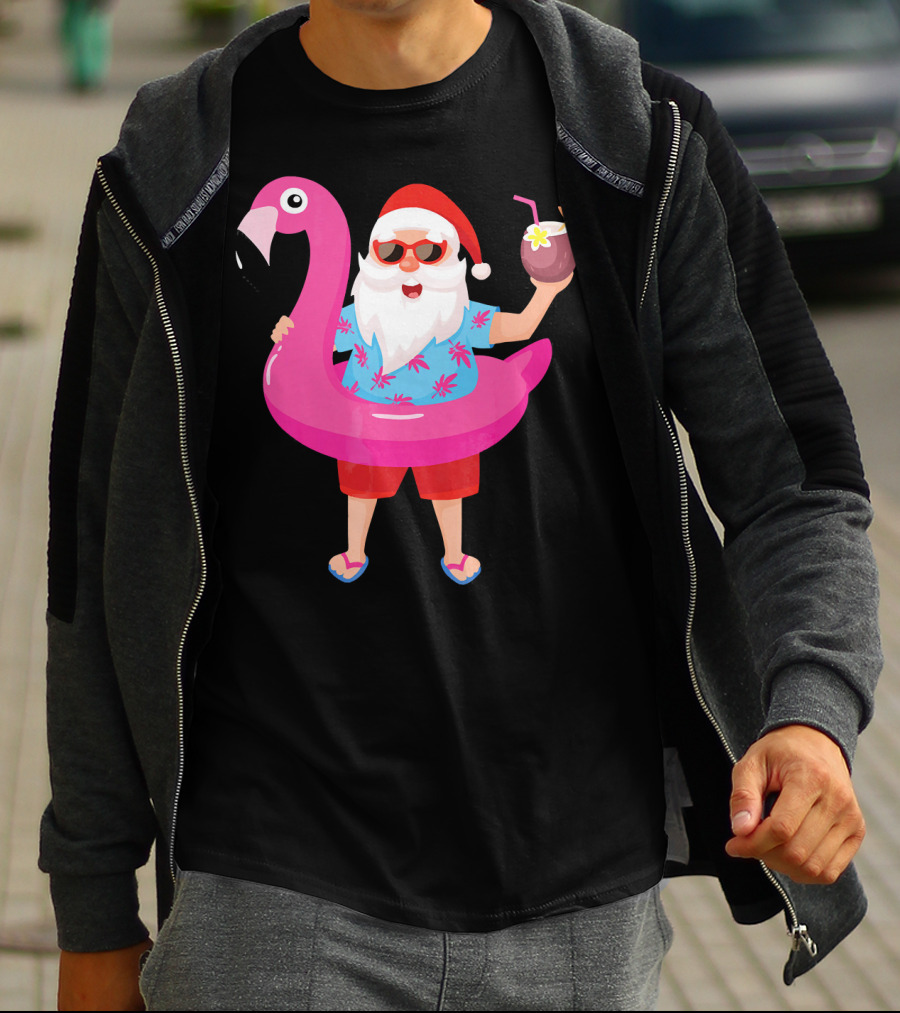 Funny Santa Claus With Flamingo And Tropical Drink T-Shirt