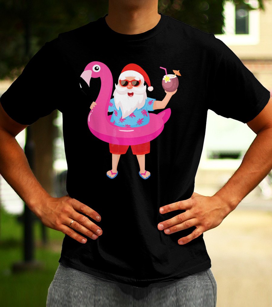 Funny Santa Claus With Flamingo And Tropical Drink T-Shirt