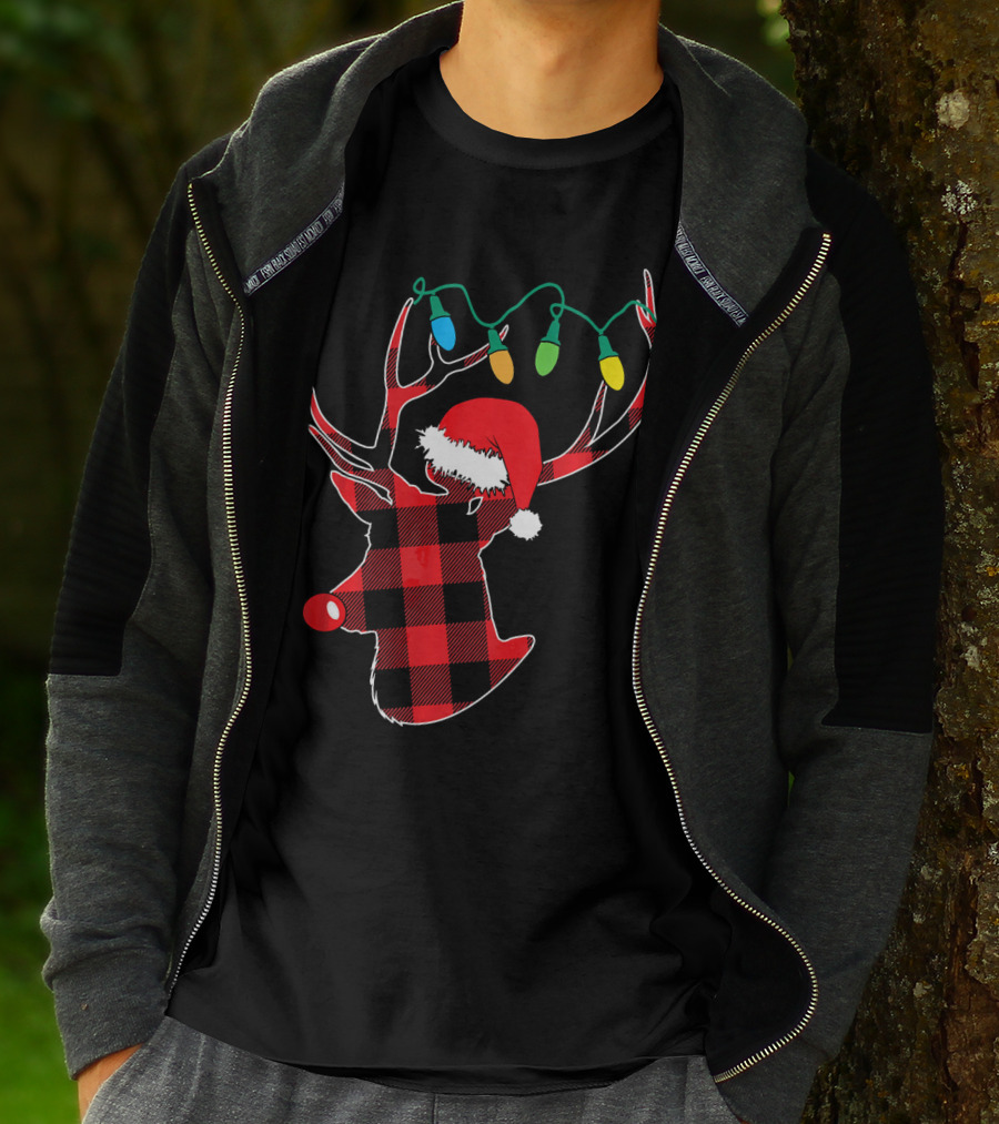 Christmas Deer Santa Hat Buffalo Plaid String Lights T-Shirt