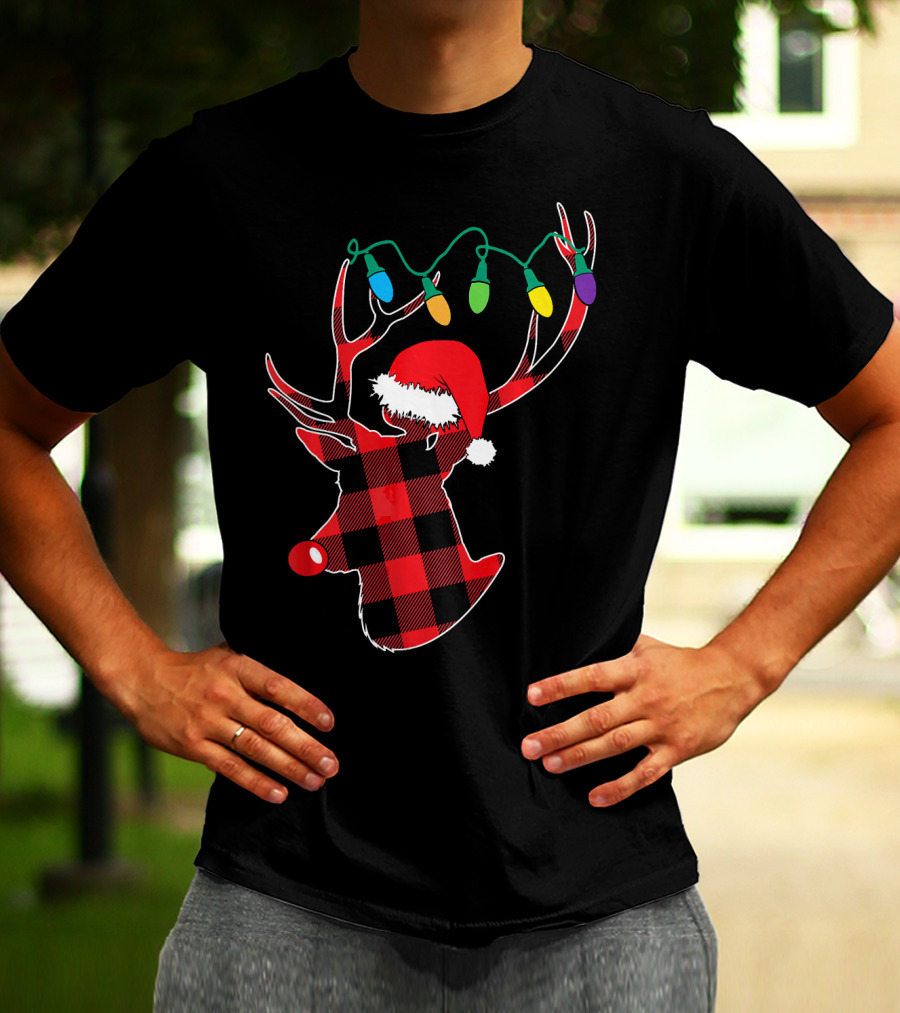 Christmas Deer Santa Hat Buffalo Plaid String Lights T-Shirt