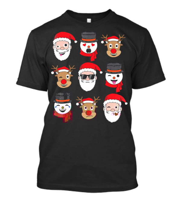 Santa Claus Emoji Faces With Reindeer And Snowman Expressions T-Shirt