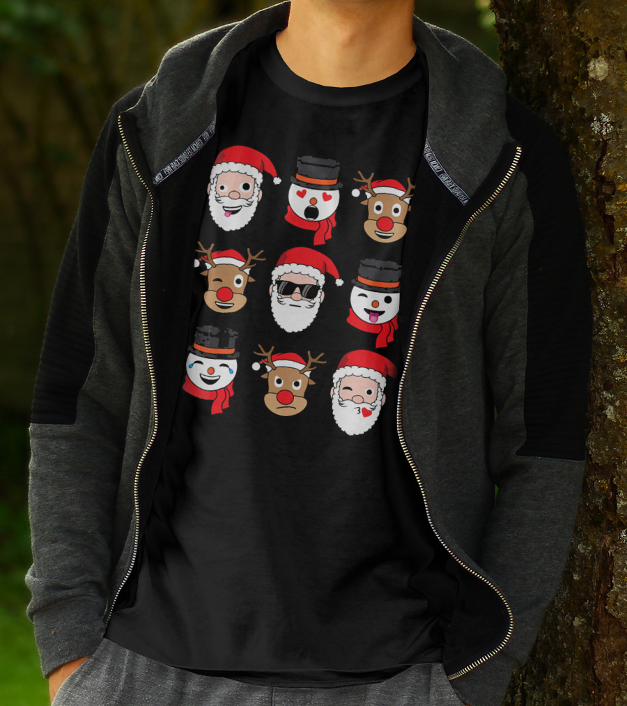 Santa Claus Emoji Faces With Reindeer And Snowman Expressions T-Shirt