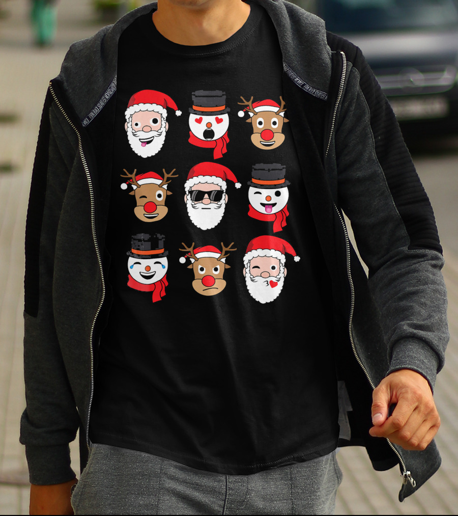 Santa Claus Emoji Faces With Reindeer And Snowman Expressions T-Shirt