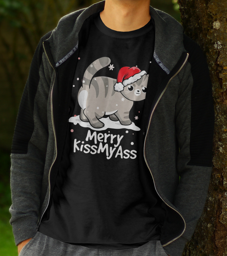 Merry KissMyAss Cat With Santa Hat In Snowflakes T-Shirt