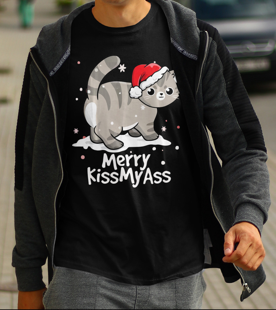 Merry KissMyAss Cat With Santa Hat In Snowflakes T-Shirt