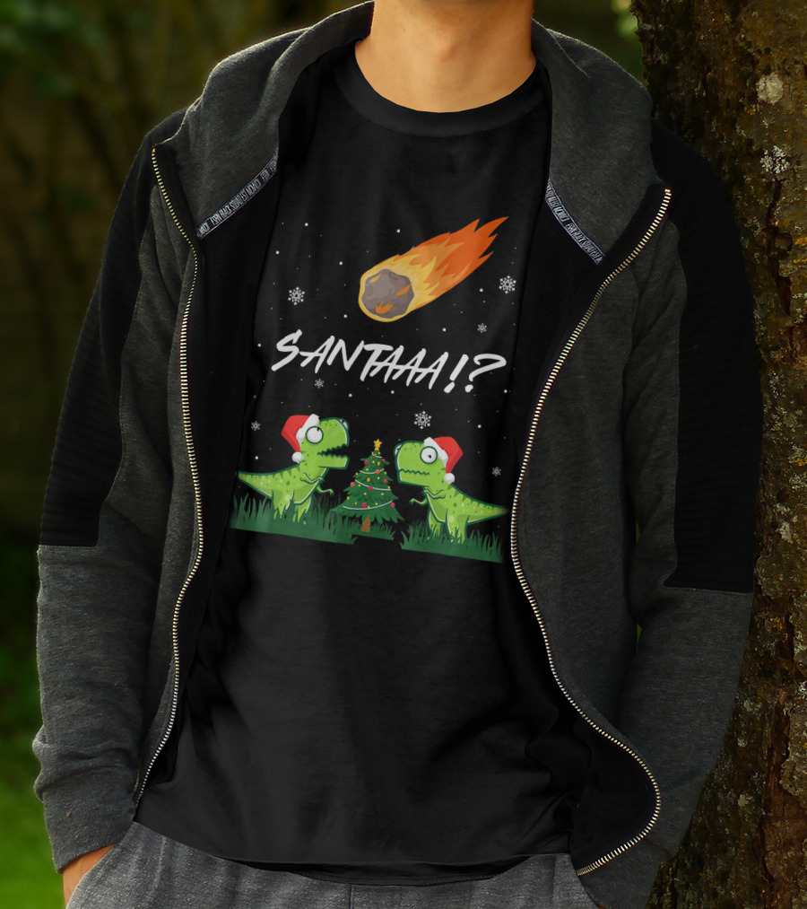 SANTAAA? Funny Rex Santa Hat Meteor Christmas Tree T-Shirt