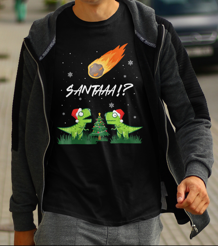 SANTAAA? Funny Rex Santa Hat Meteor Christmas Tree T-Shirt