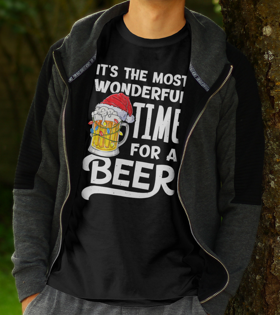 It's The Most Wonderful Time For A Beer With Santa Hat And Holiday Lights T-Shirt