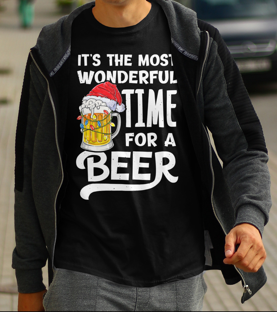 It's The Most Wonderful Time For A Beer With Santa Hat And Holiday Lights T-Shirt