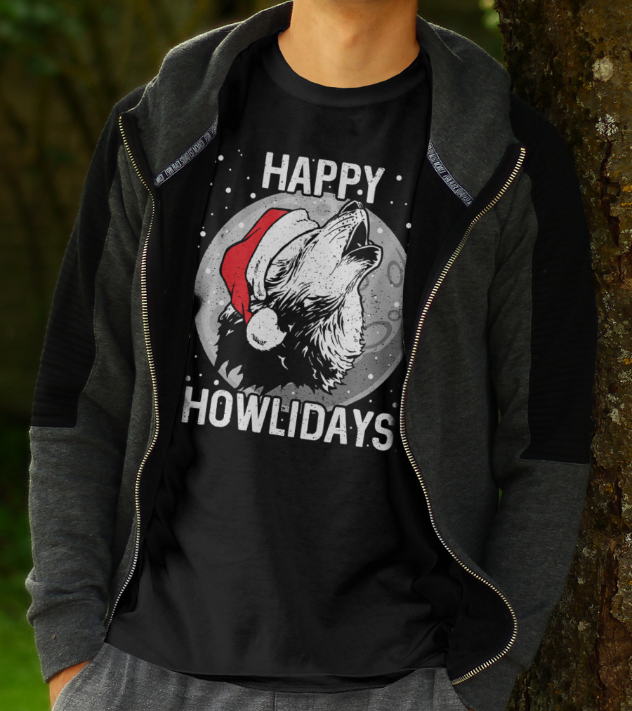 Happy Howlidays Christmas Wolf Santa Hat Moon T-Shirt