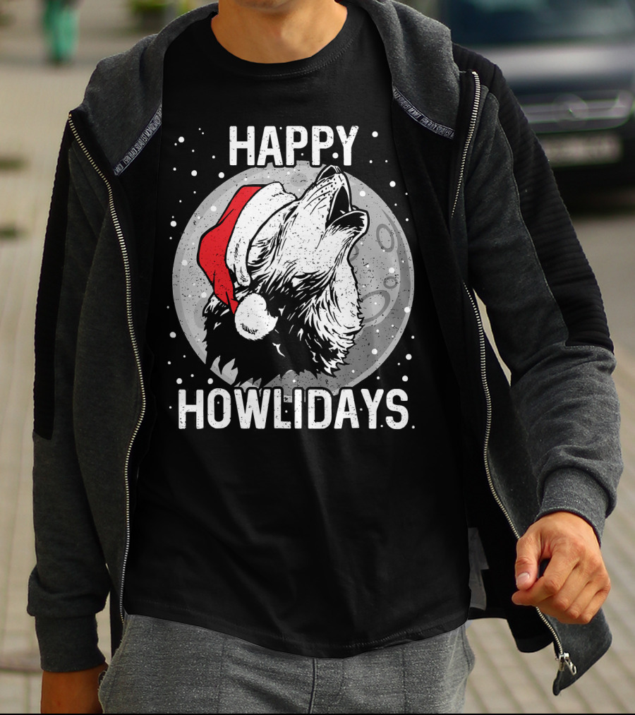 Happy Howlidays Christmas Wolf Santa Hat Moon T-Shirt