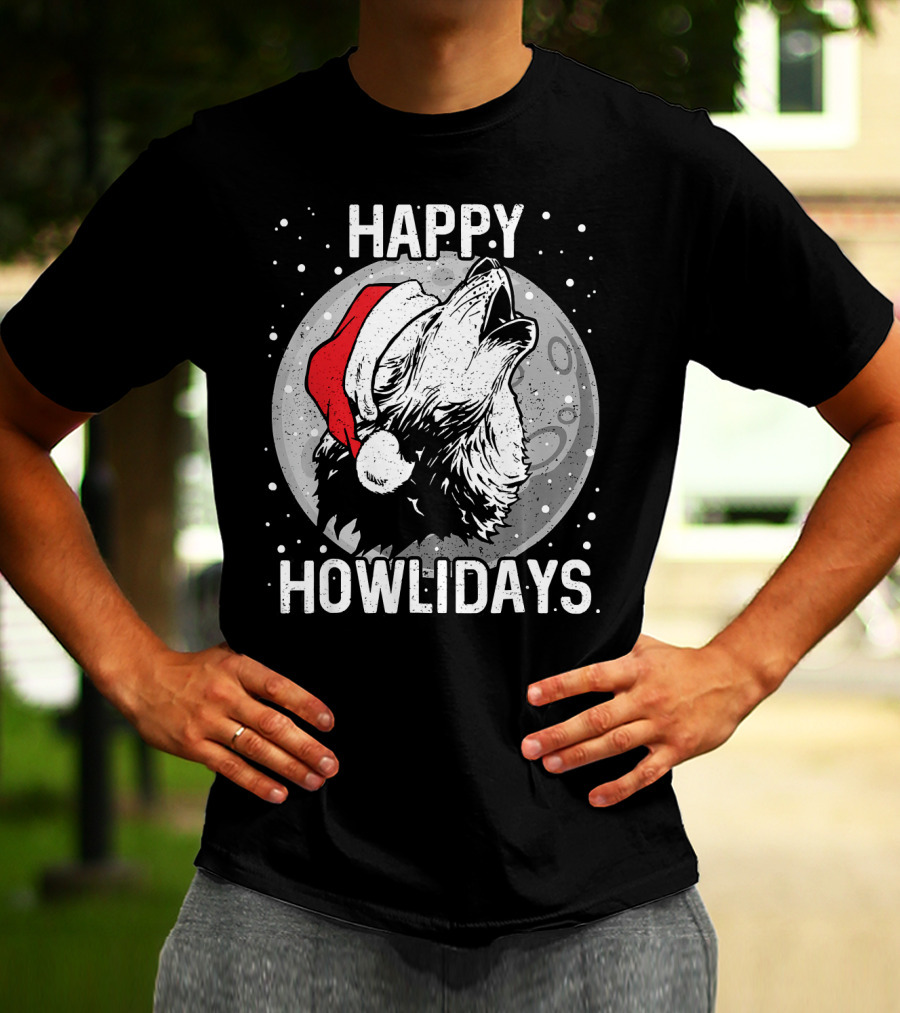 Happy Howlidays Christmas Wolf Santa Hat Moon T-Shirt