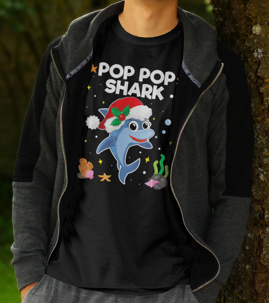 Pop Pop Shark Santa Christmas Grandpa Grandma Ocean T-Shirt