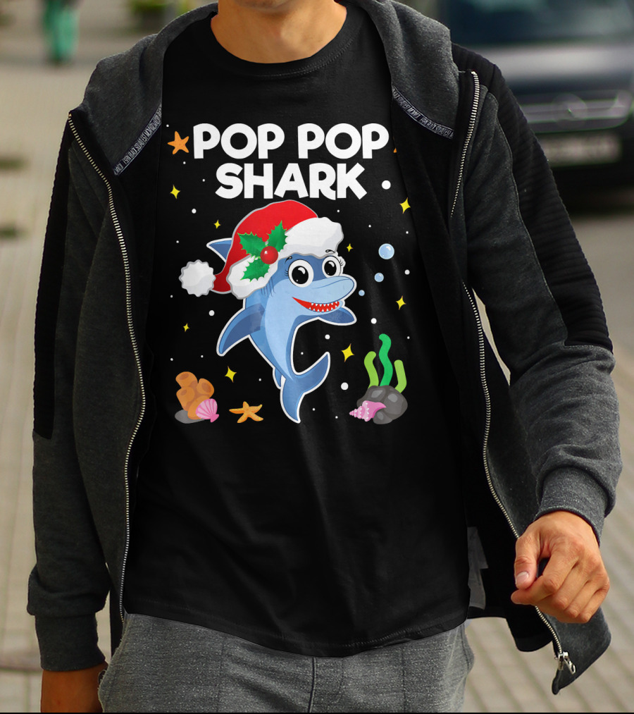 Pop Pop Shark Santa Christmas Grandpa Grandma Ocean T-Shirt