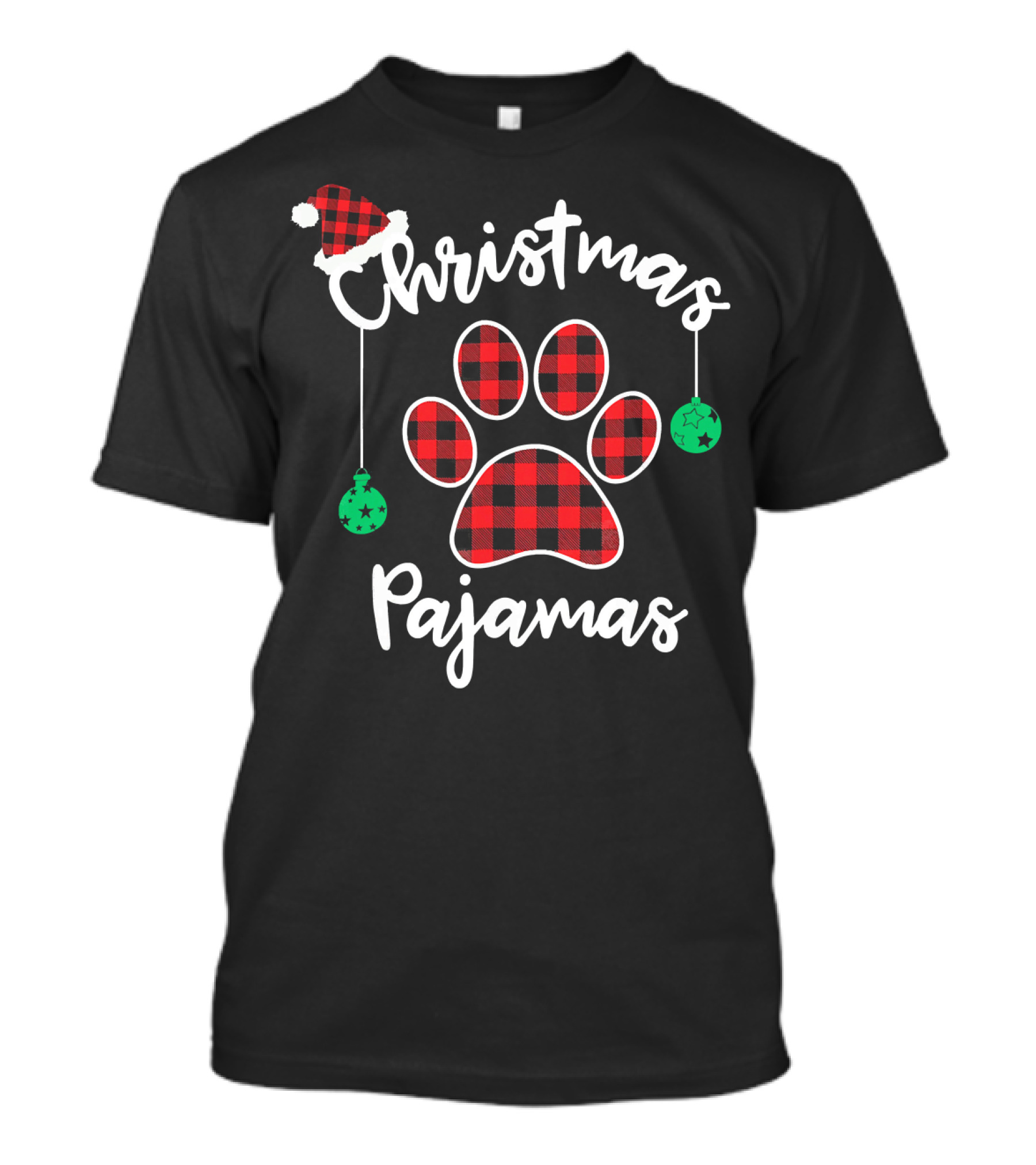 Christmas Pajamas Buffalo Plaid Santa Hat Paw Prints T-Shirt