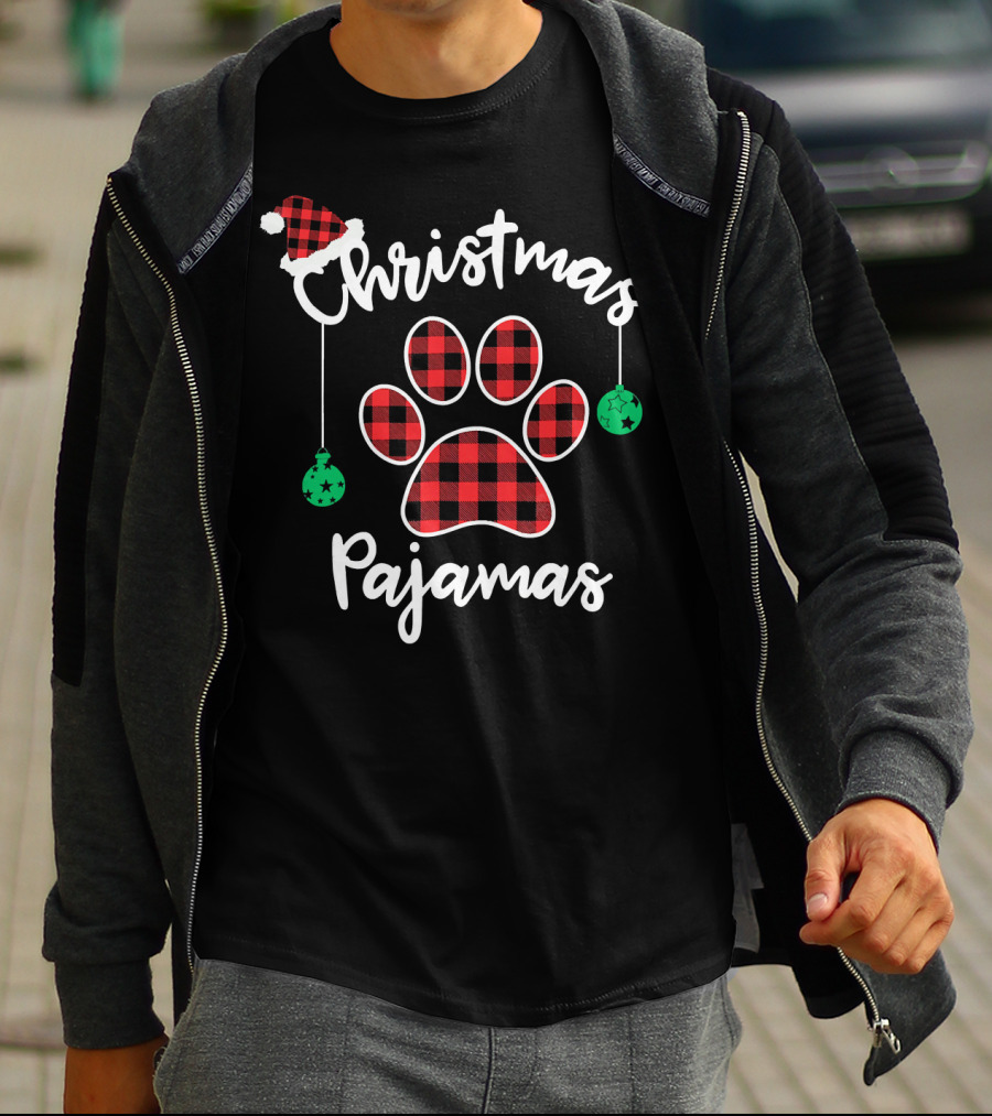 Christmas Pajamas Buffalo Plaid Santa Hat Paw Prints T-Shirt