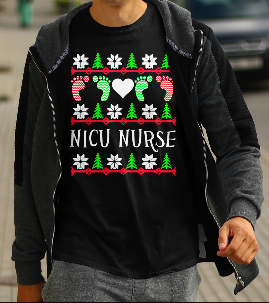 NICU Nurse Christmas Baby Feet Heart Trees T-Shirt