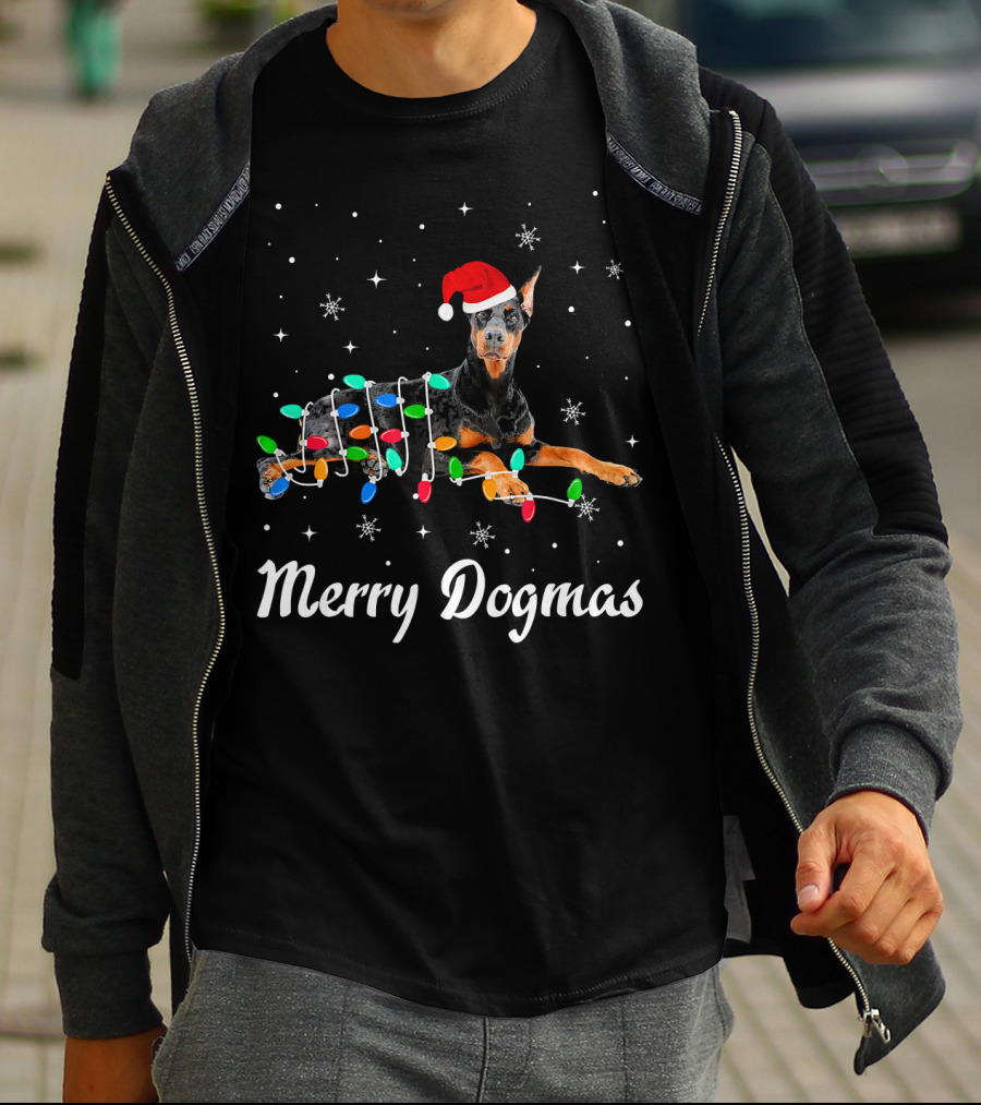 Merry Dogmas Christmas Doberman With Santa Hat And Festive Lights T-Shirt