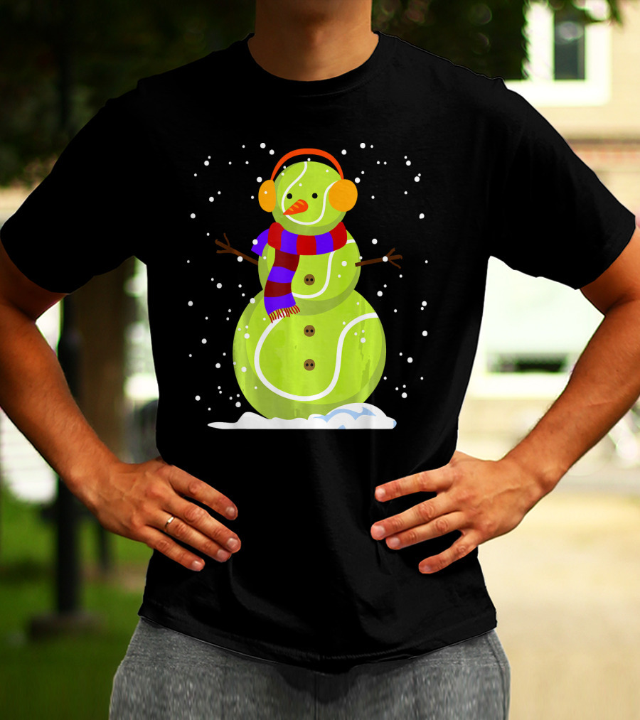 Dabbing Tennis Ball Snowman With Scarf And Earmuffs T-Shirt