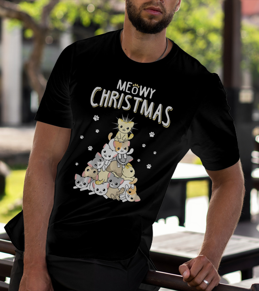 Meowy Christmas Cats Tree With Cute Paw Prints T-Shirt