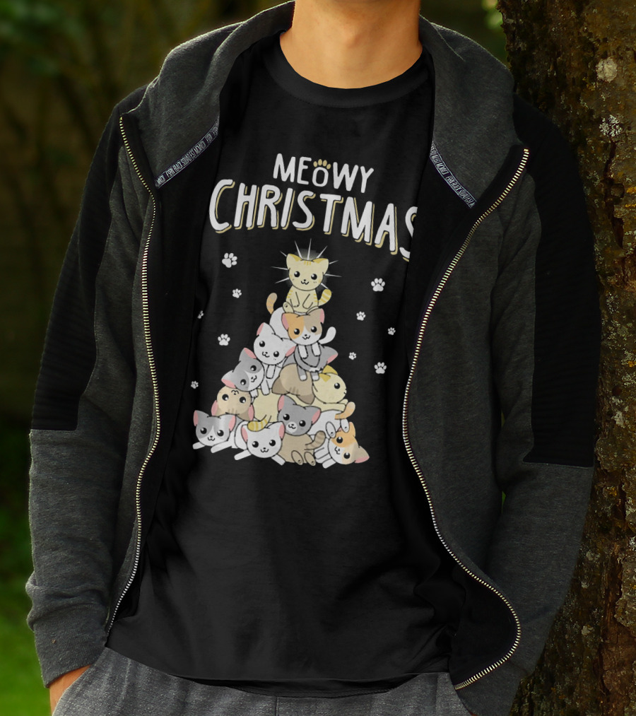 Meowy Christmas Cats Tree With Cute Paw Prints T-Shirt
