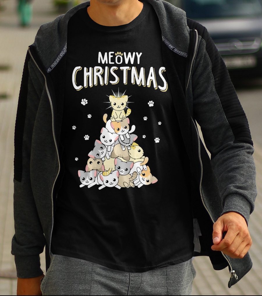 Meowy Christmas Cats Tree With Cute Paw Prints T-Shirt