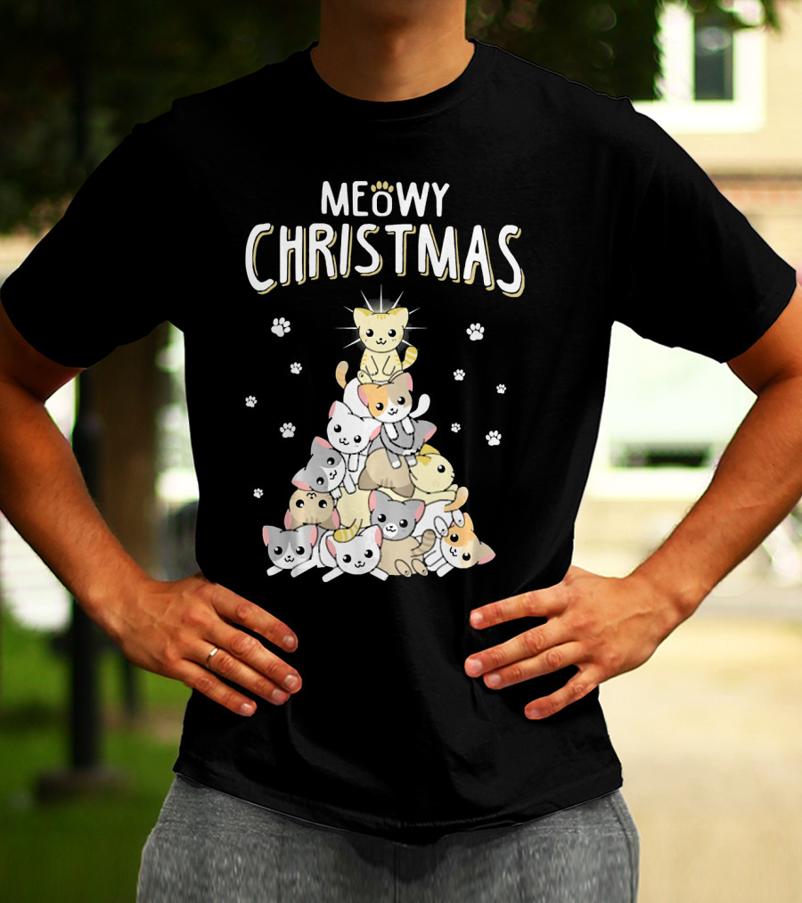 Meowy Christmas Cats Tree With Cute Paw Prints T-Shirt