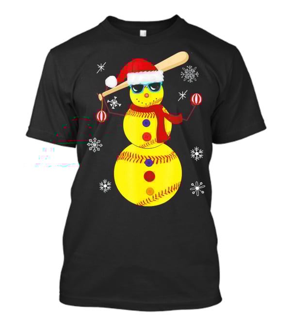 Christmas Softball Snowman With Bat And Santa Hat T-Shirt