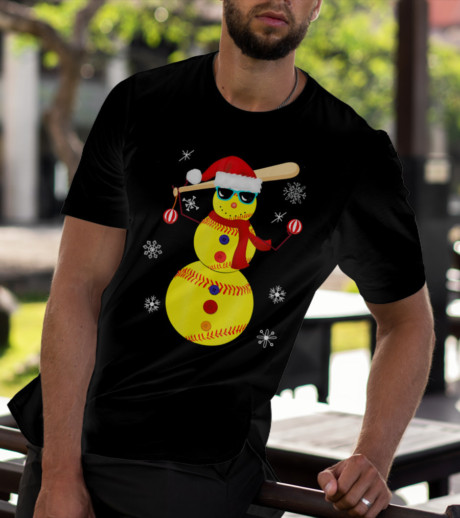 Christmas Softball Snowman With Bat And Santa Hat T-Shirt
