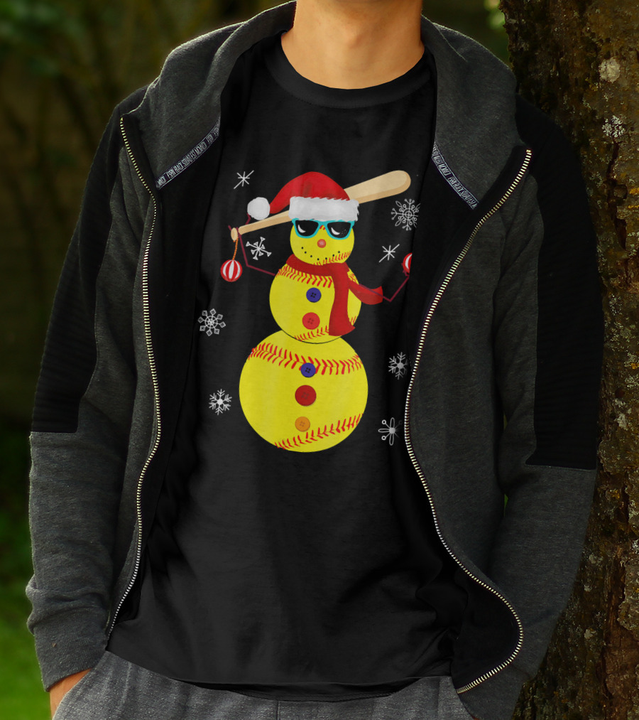 Christmas Softball Snowman With Bat And Santa Hat T-Shirt