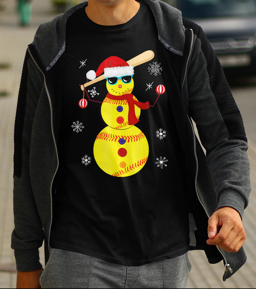 Christmas Softball Snowman With Bat And Santa Hat T-Shirt
